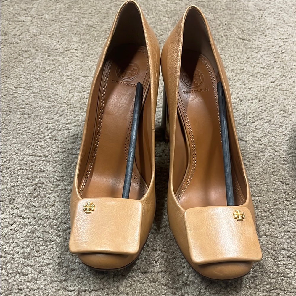 Tory Burch Tan Heels with Block Heel and Square Toe